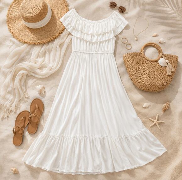 Anna Dresses & Skirts - Anna-Kaci White Ruffle Maxi Dress L Off Shoulder Boho Coastal Vacation Feminine